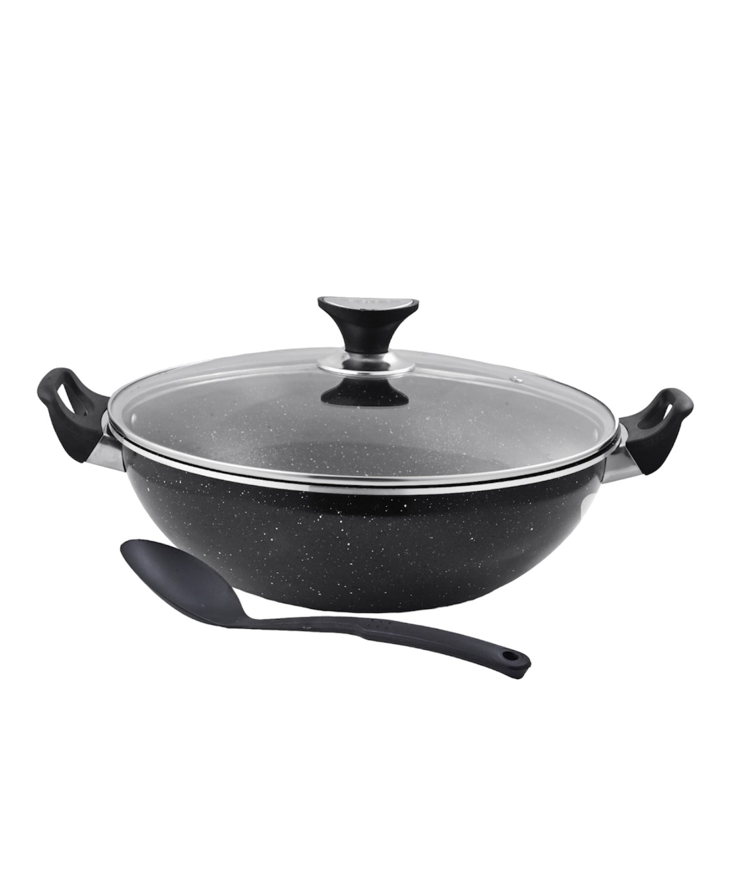 Classic Vok – Granite Wok Pan with Non-Stick Coating + Glass Lid, Free Serving Spoon & Silicone Handles – Suitable for All Heat Sources