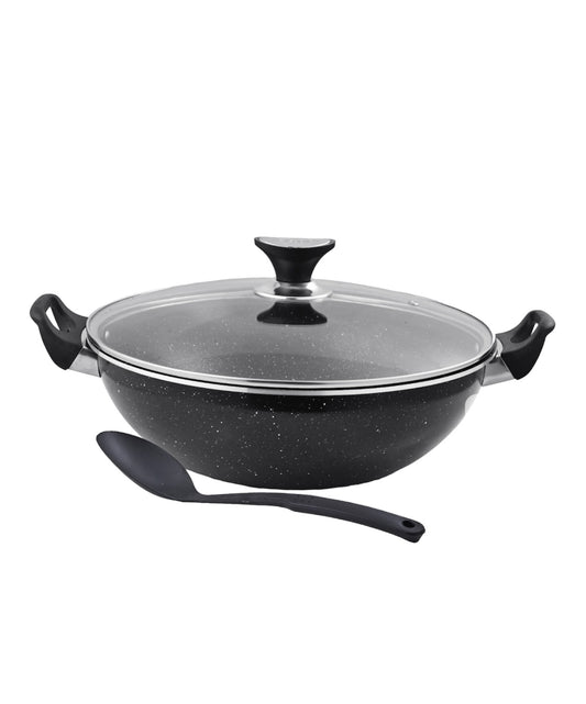 Classic Vok – Granite Wok Pan with Non-Stick Coating + Glass Lid, Free Serving Spoon & Silicone Handles – Suitable for All Heat Sources