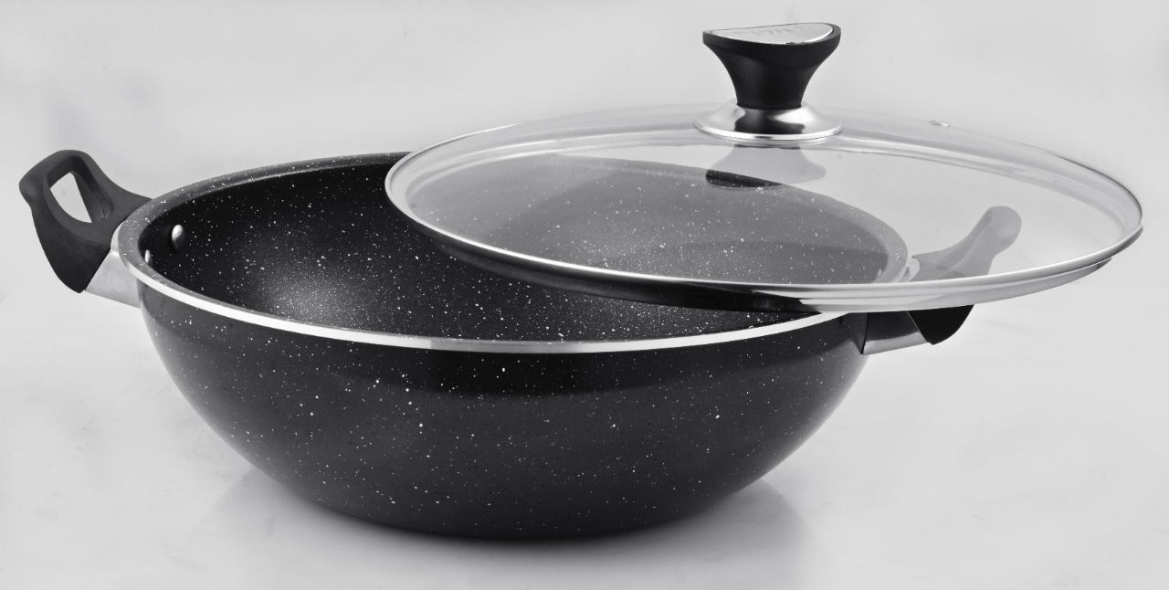 Classic Vok – Granite Wok Pan with Non-Stick Coating + Glass Lid, Free Serving Spoon & Silicone Handles – Suitable for All Heat Sources